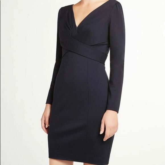 Elie Tahari Zoe Sheath Long Sleeve V-neck Form Fitting Dress Dark Blue Size 12 - Picture 3 of 9